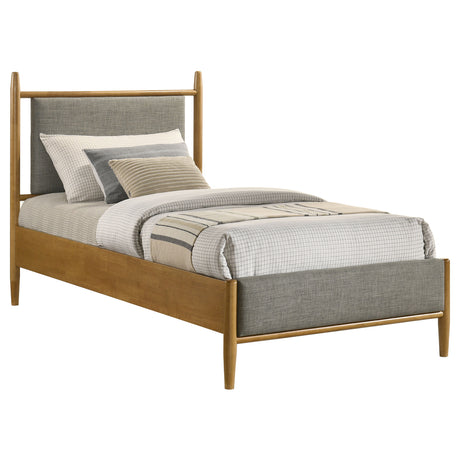 Mason Mid-Century Platform Bed with Padded Grey Headboard - Light Brown Wood, Twin to Eastern King – view 6