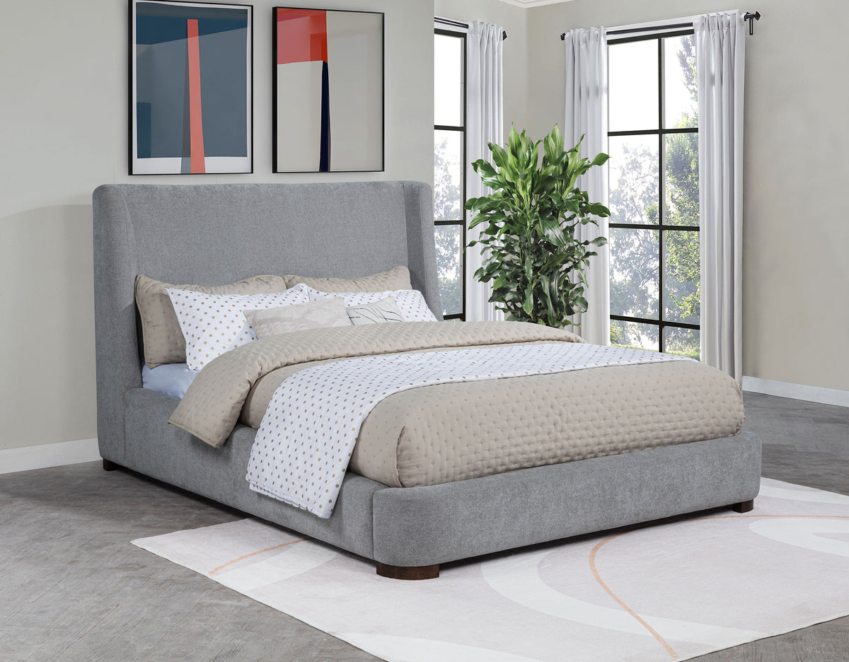 Rennes Upholstered Wingback Platform Bed - Grey Fabric with Walnut Legs, Queen or Eastern King – view 1
