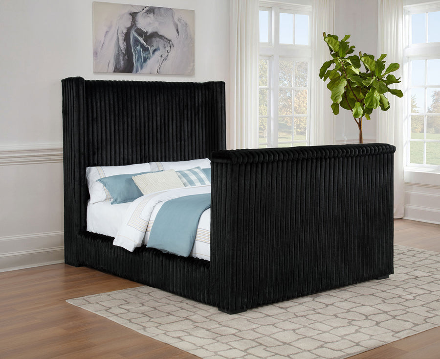 Centergrove Velvet Wingback TV Bed with Hidden Lift - Channel-Tufted Black, Queen to California King