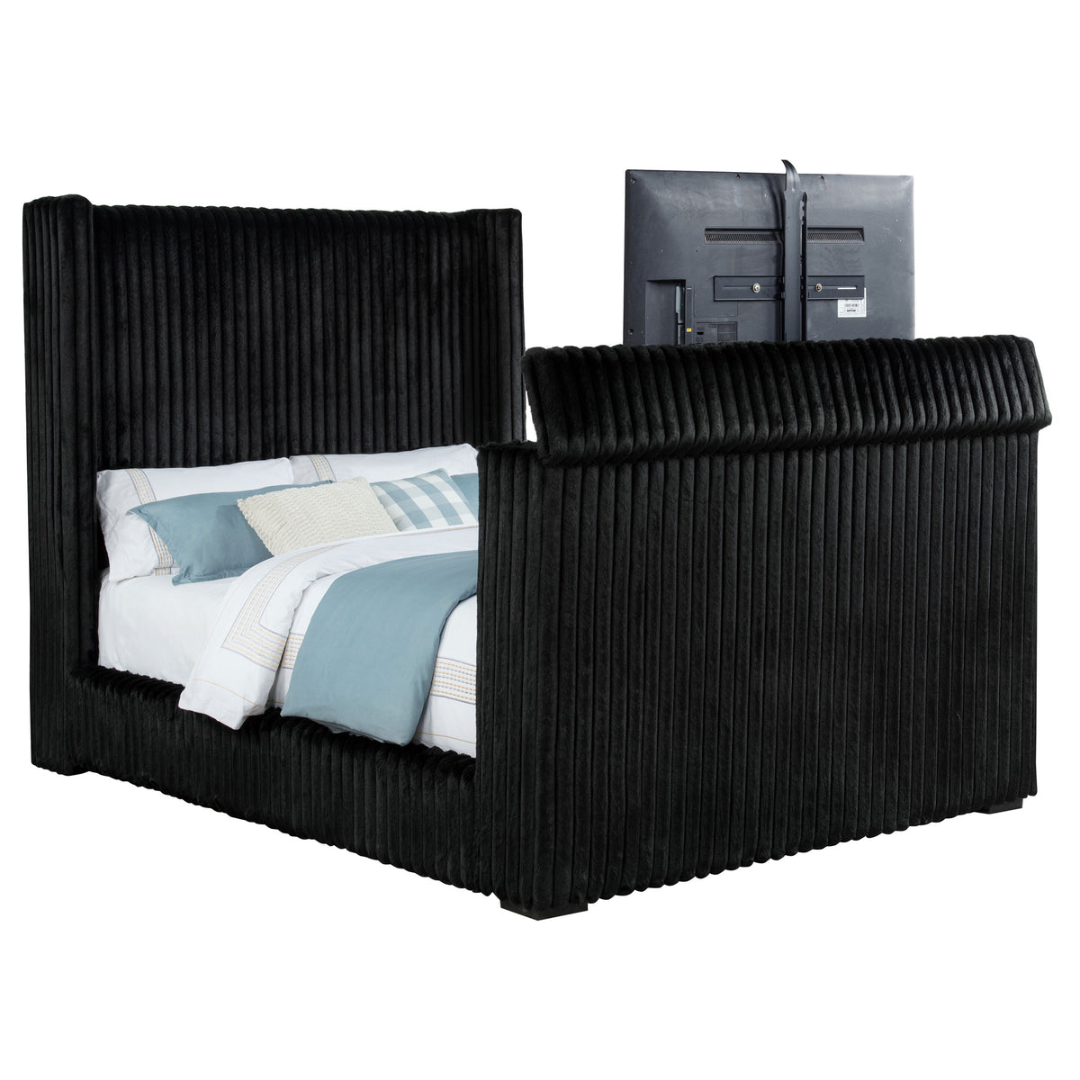 Centergrove Velvet Wingback TV Bed with Hidden Lift - Channel-Tufted Black, Queen to California King – view 9
