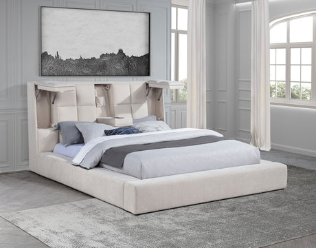 Dreux Upholstered Platform Bed with LED Reading Lights & Storage Console - Tufted Cream or Grey, Queen to California King – view 8