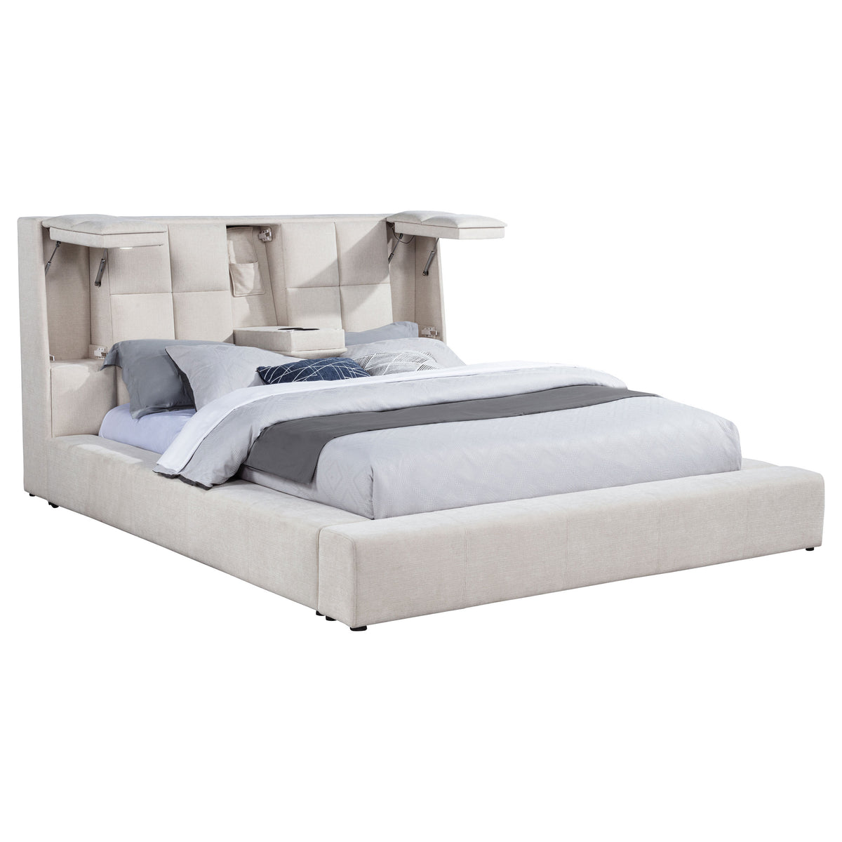 Dreux Upholstered Platform Bed with LED Reading Lights & Storage Console - Tufted Cream or Grey, Queen to California King – view 10