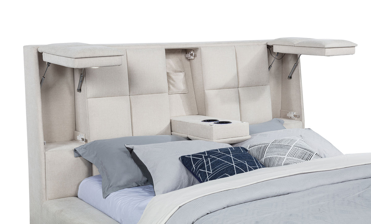 Dreux Upholstered Platform Bed with LED Reading Lights & Storage Console - Tufted Cream or Grey, Queen to California King – view 16