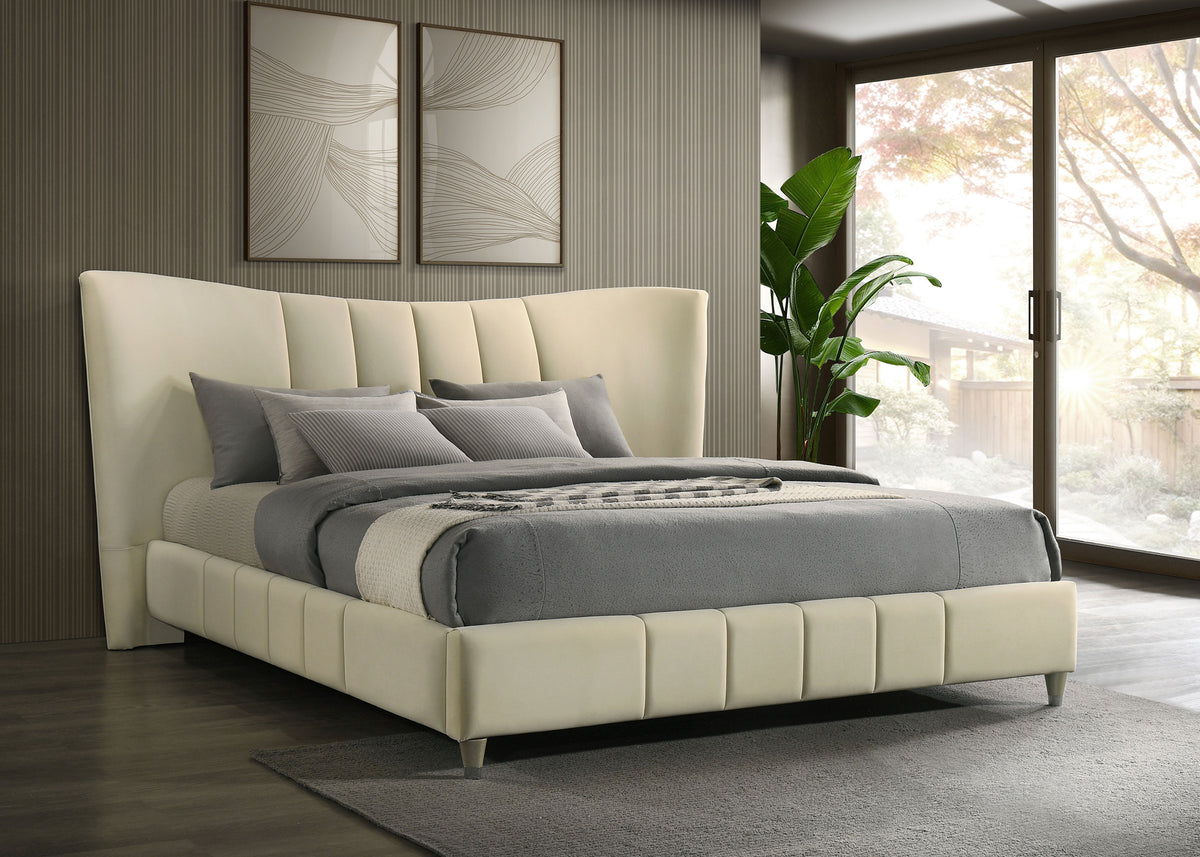 Evelyn Upholstered Panel Platform Bed - Ivory Velvet with Pleated Footboard & Gold Legs, Queen or Eastern King – view 2