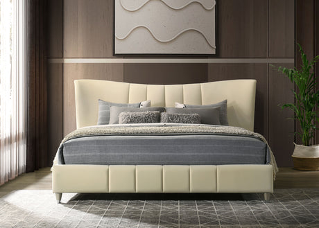 Evelyn Upholstered Panel Platform Bed - Ivory Velvet with Pleated Footboard & Gold Legs, Queen or Eastern King – view 14