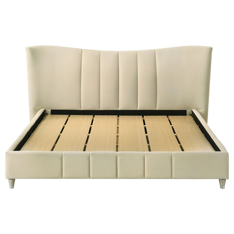 Evelyn Upholstered Panel Platform Bed - Ivory Velvet with Pleated Footboard & Gold Legs, Queen or Eastern King – view 15
