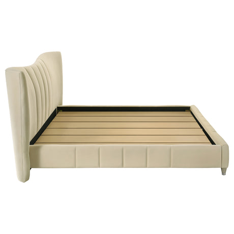 Evelyn Upholstered Panel Platform Bed - Ivory Velvet with Pleated Footboard & Gold Legs, Queen or Eastern King – view 18