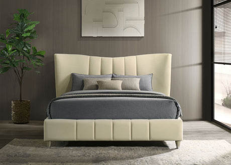 Evelyn Upholstered Panel Platform Bed - Ivory Velvet with Pleated Footboard & Gold Legs, Queen or Eastern King – view 5