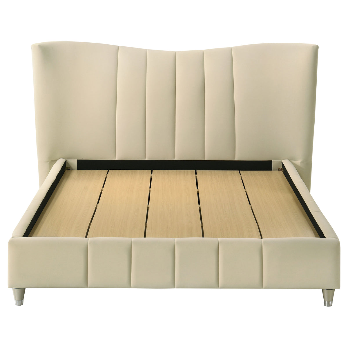 Evelyn Upholstered Panel Platform Bed - Ivory Velvet with Pleated Footboard & Gold Legs, Queen or Eastern King – view 6