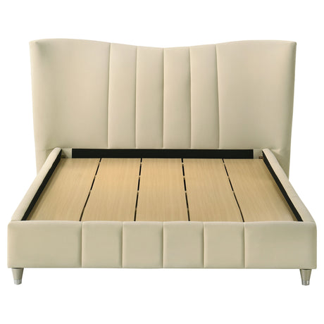 Evelyn Upholstered Panel Platform Bed - Ivory Velvet with Pleated Footboard & Gold Legs, Queen or Eastern King – view 6