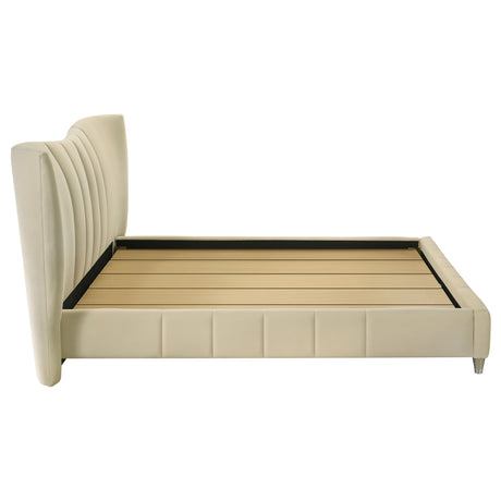Evelyn Upholstered Panel Platform Bed - Ivory Velvet with Pleated Footboard & Gold Legs, Queen or Eastern King – view 9