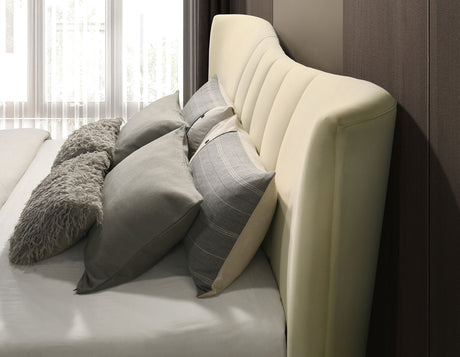 Evelyn Upholstered Panel Platform Bed - Ivory Velvet with Pleated Footboard & Gold Legs, Queen or Eastern King – view 10