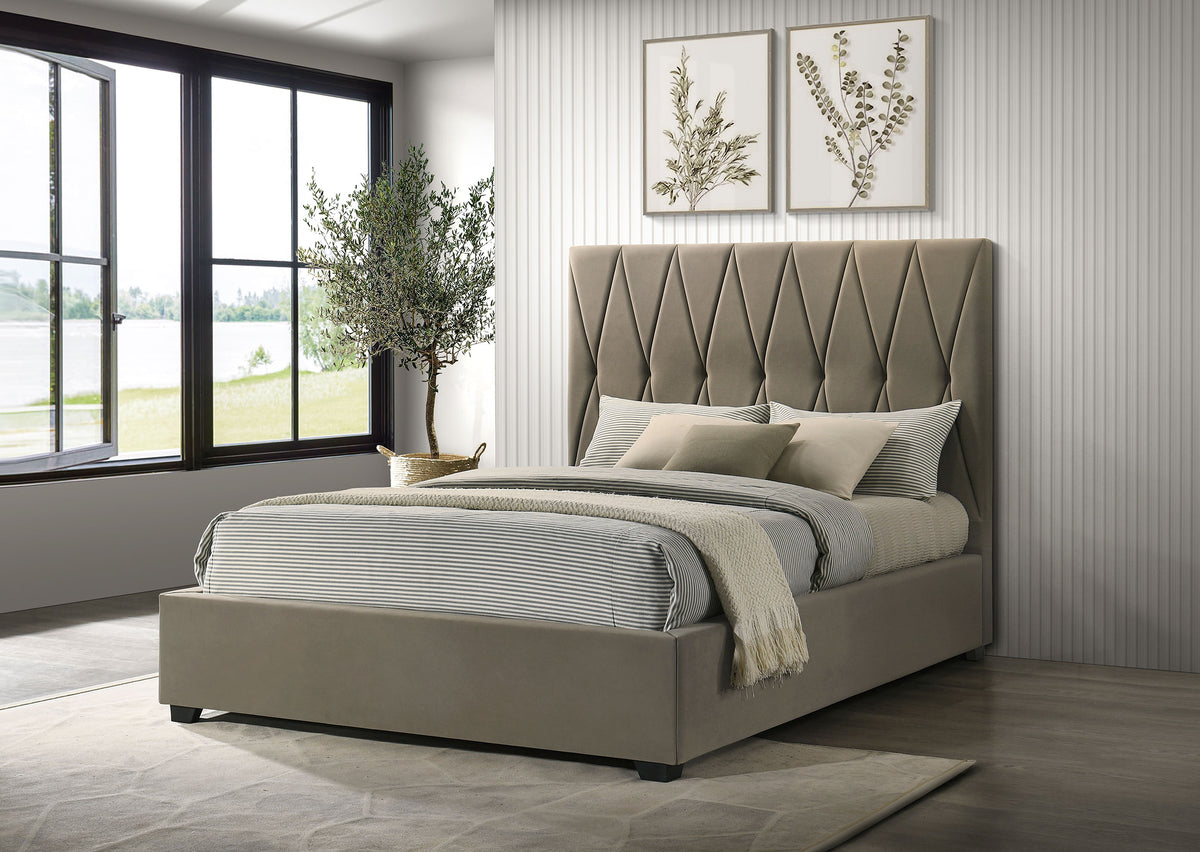 Delsea Diamond-Tufted Velvet Platform Bed - Tall Upholstered Headboard in Light Brown, Queen or Eastern King – view 1