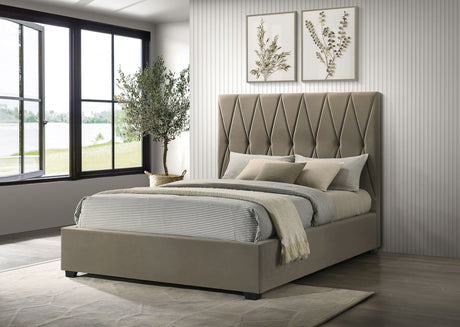 Delsea Diamond-Tufted Velvet Platform Bed - Tall Upholstered Headboard in Light Brown, Queen or Eastern King – view 1