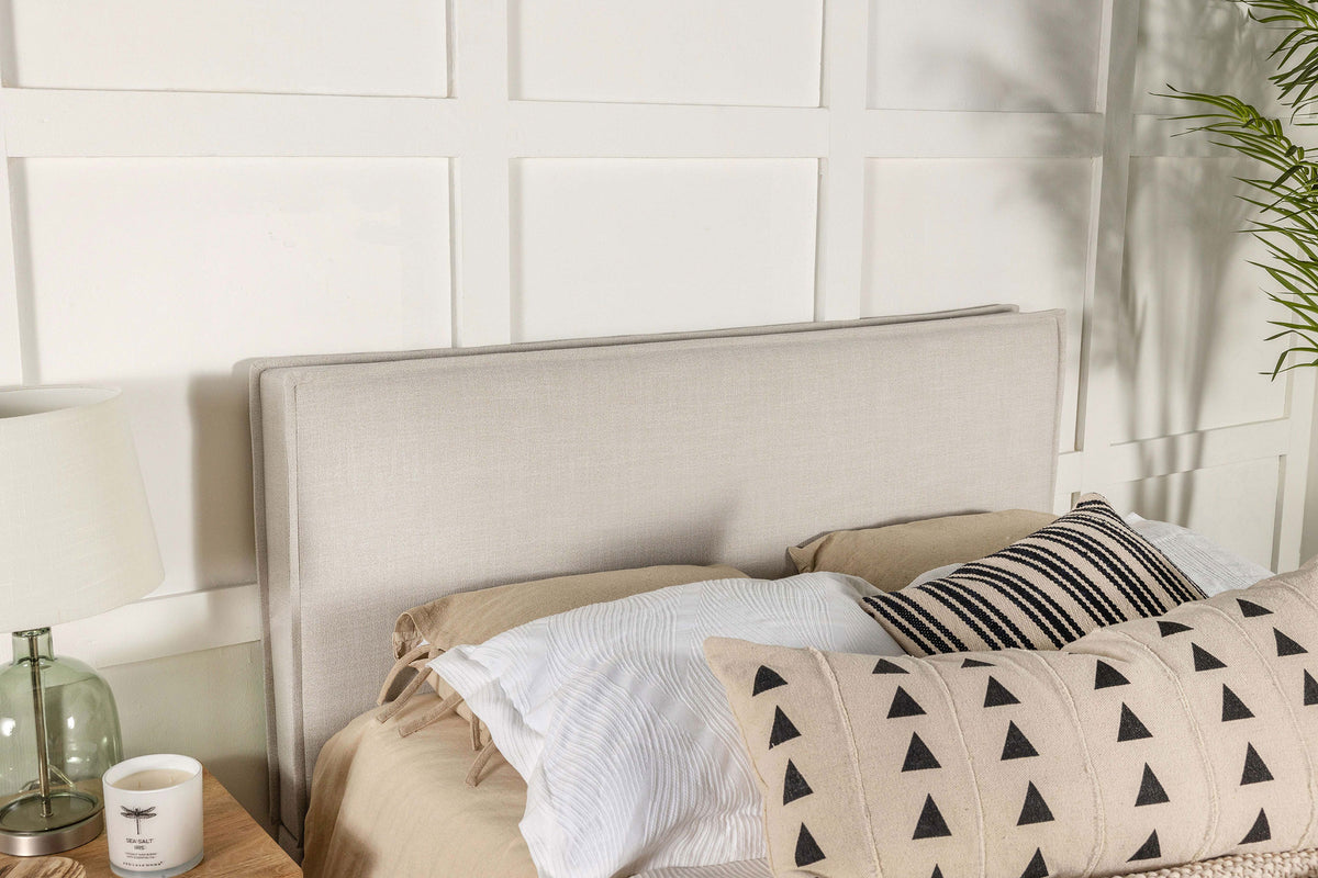 Izzy Upholstered Panel Headboard - Flange Border in Sand Fabric, Twin, Queen/Full or King - lifestyle
