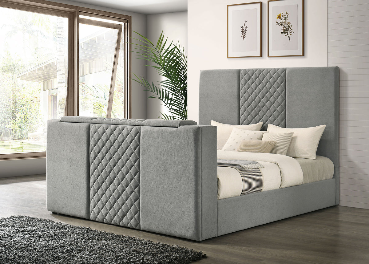 Tara Upholstered TV Bed with Motorized Footboard Lift - Quilted Grey Velvet, Holds TVs up to 50", Queen or Eastern King – view 16