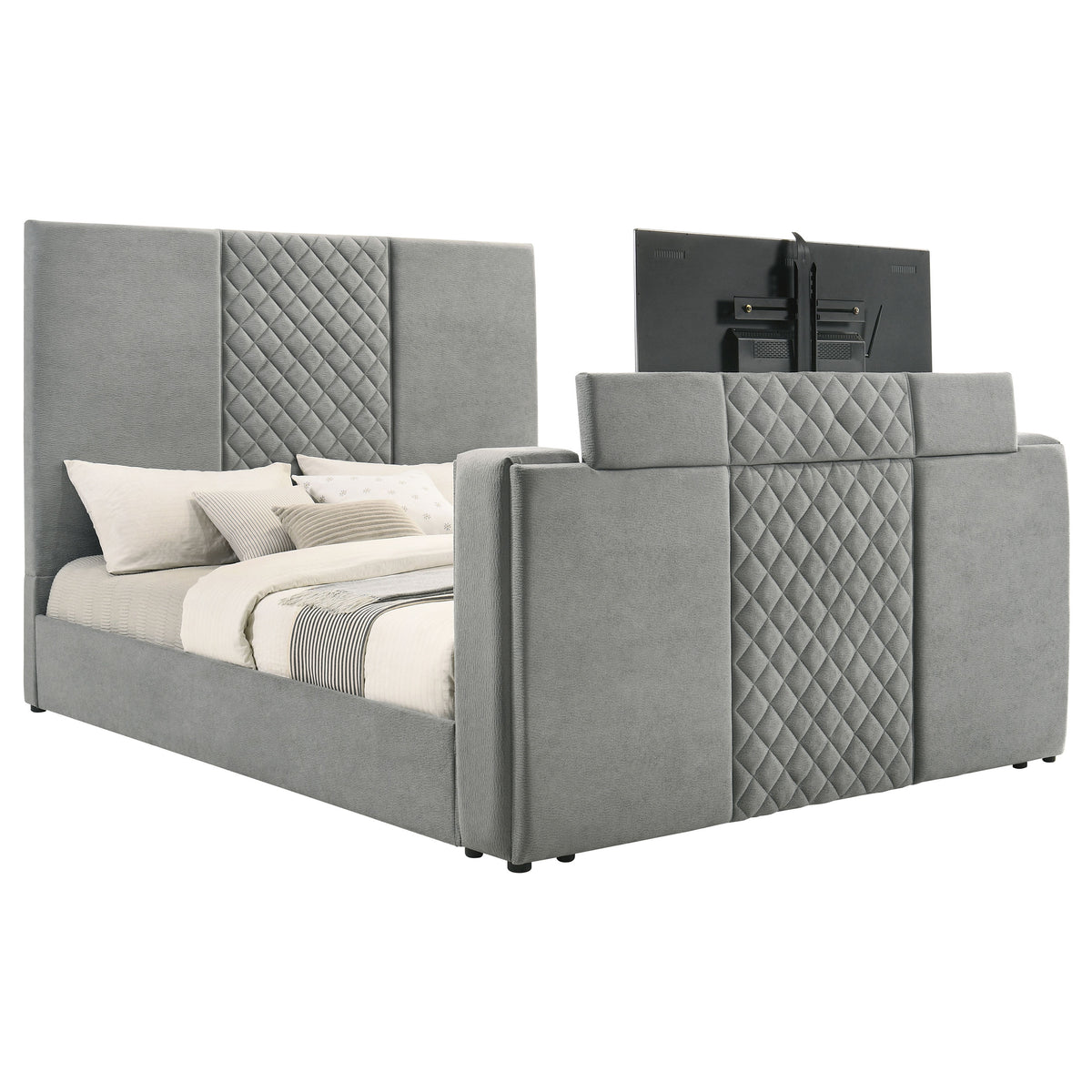 Tara Upholstered TV Bed with Motorized Footboard Lift - Quilted Grey Velvet, Holds TVs up to 50", Queen or Eastern King – view 19