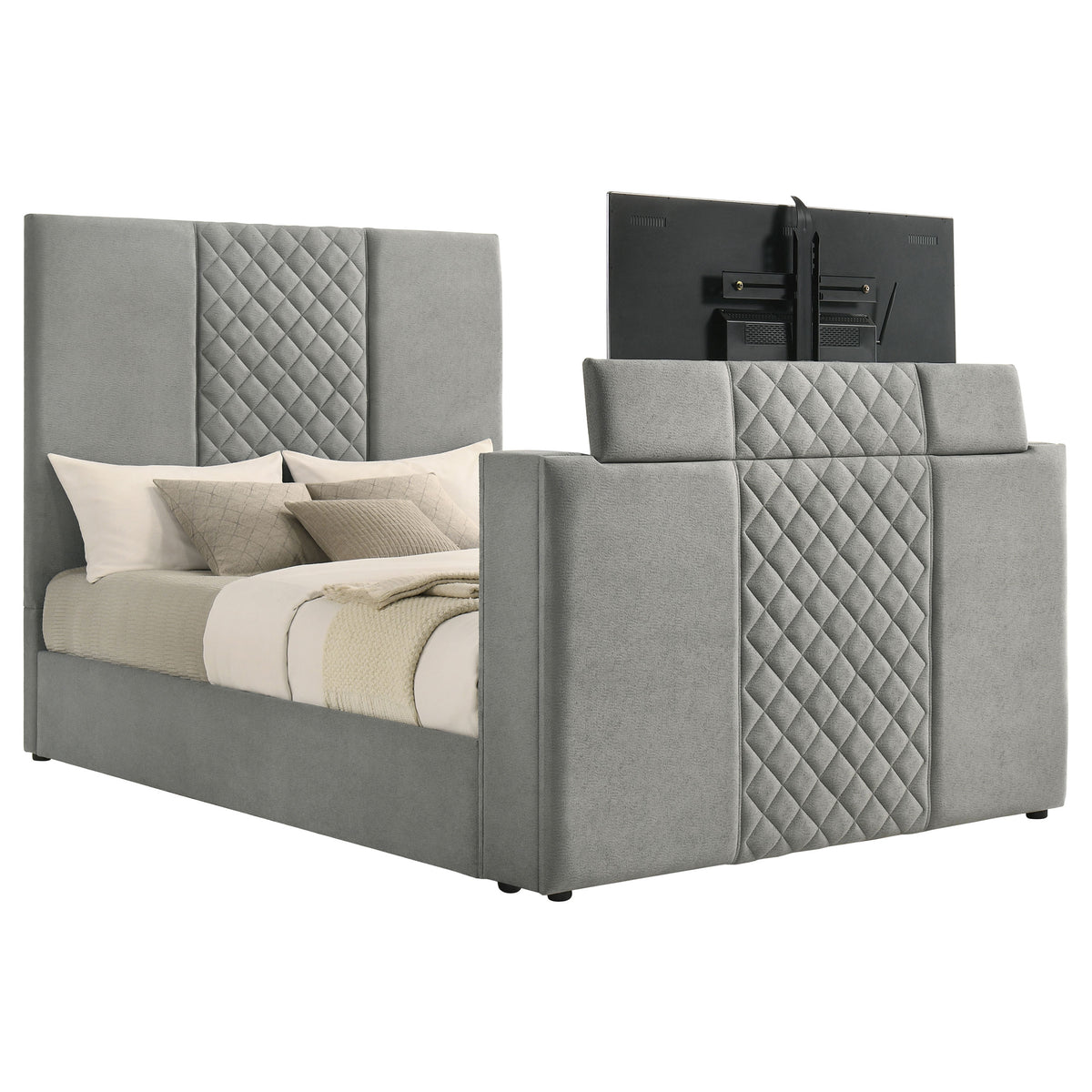 Tara Upholstered TV Bed with Motorized Footboard Lift - Quilted Grey Velvet, Holds TVs up to 50", Queen or Eastern King – view 6