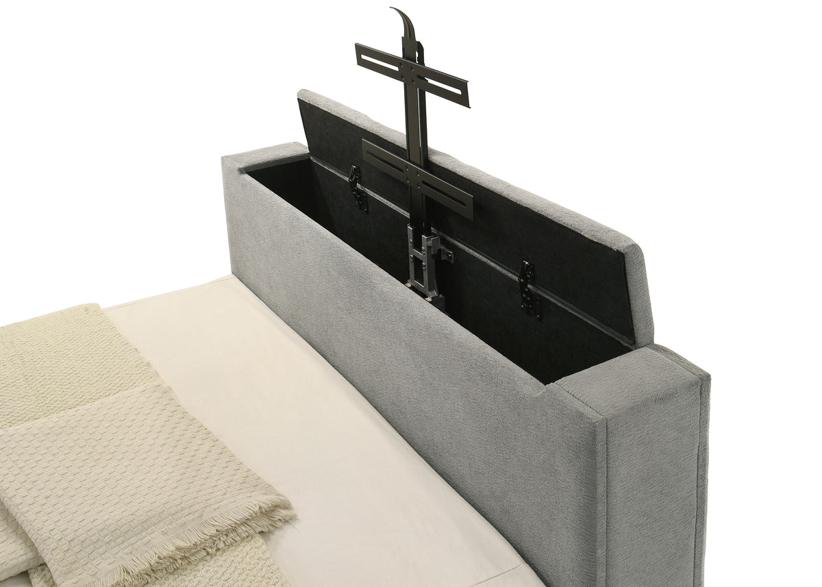 Tara Upholstered TV Bed with Motorized Footboard Lift - Quilted Grey Velvet, Holds TVs up to 50", Queen or Eastern King – view 11