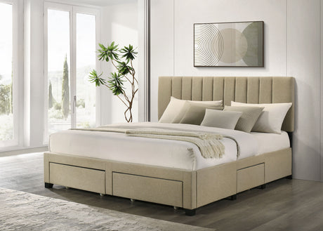 Wheatland Upholstered Storage Bed with 4 Drawers - Channeled Headboard in Light Brown, Full to Eastern King - lifestyle