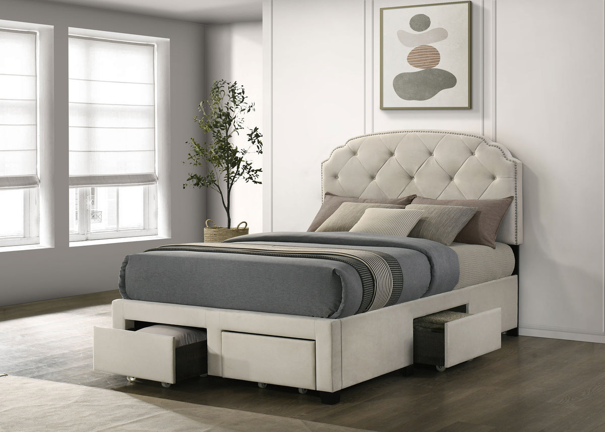 Marianna Tufted Velvet Storage Bed with 4 Drawers - Cream with Nailhead Trim, Full to Eastern King – view 7