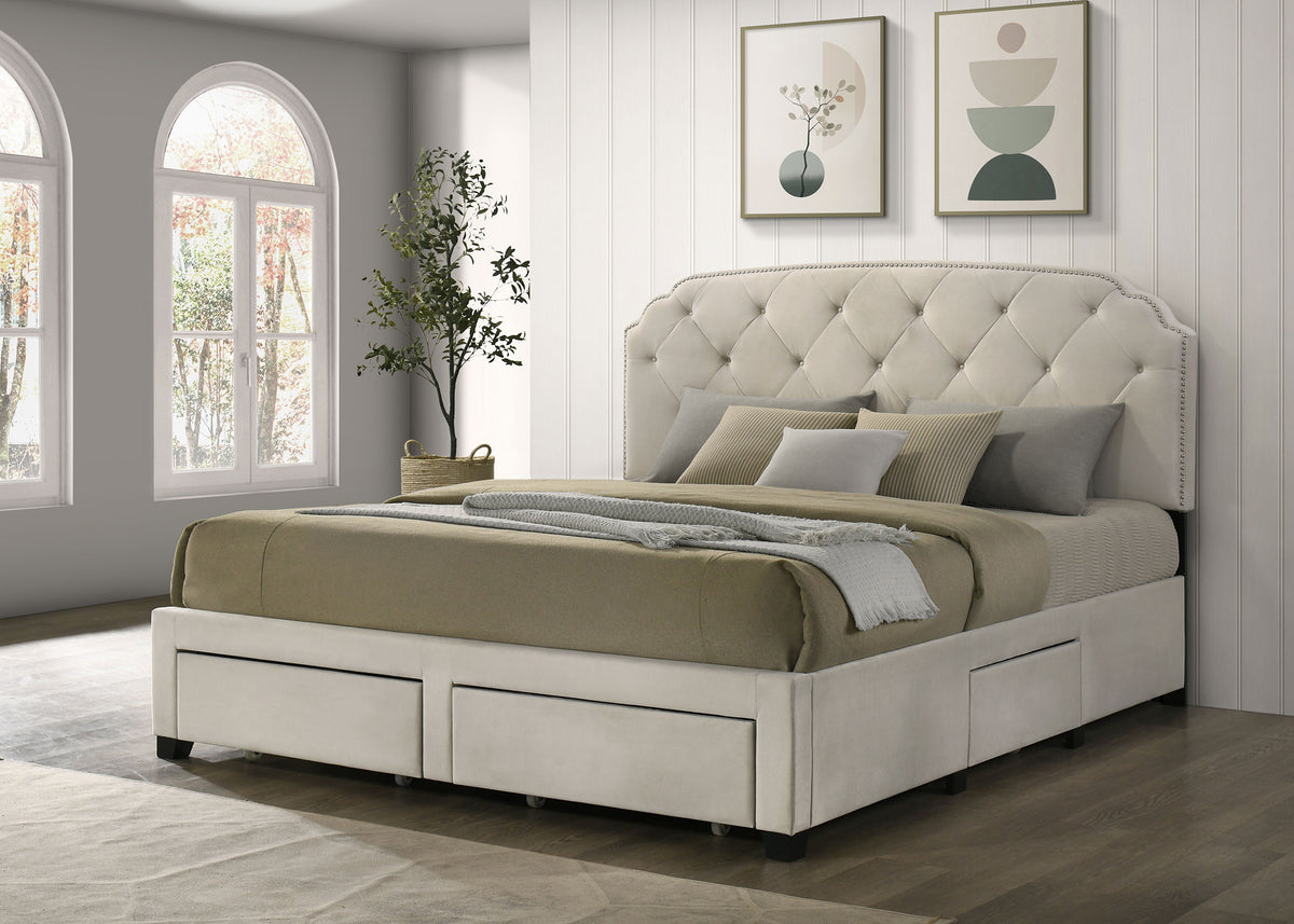 Marianna Tufted Velvet Storage Bed with 4 Drawers - Cream with Nailhead Trim, Full to Eastern King - lifestyle