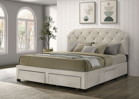Marianna Tufted Velvet Storage Bed with 4 Drawers - Cream with Nailhead Trim, Full to Eastern King - lifestyle