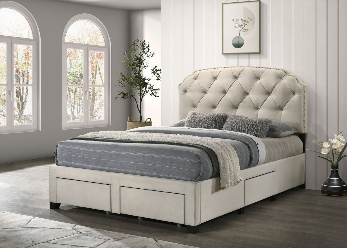 Marianna Tufted Velvet Storage Bed with 4 Drawers - Cream with Nailhead Trim, Full to Eastern King – view 2