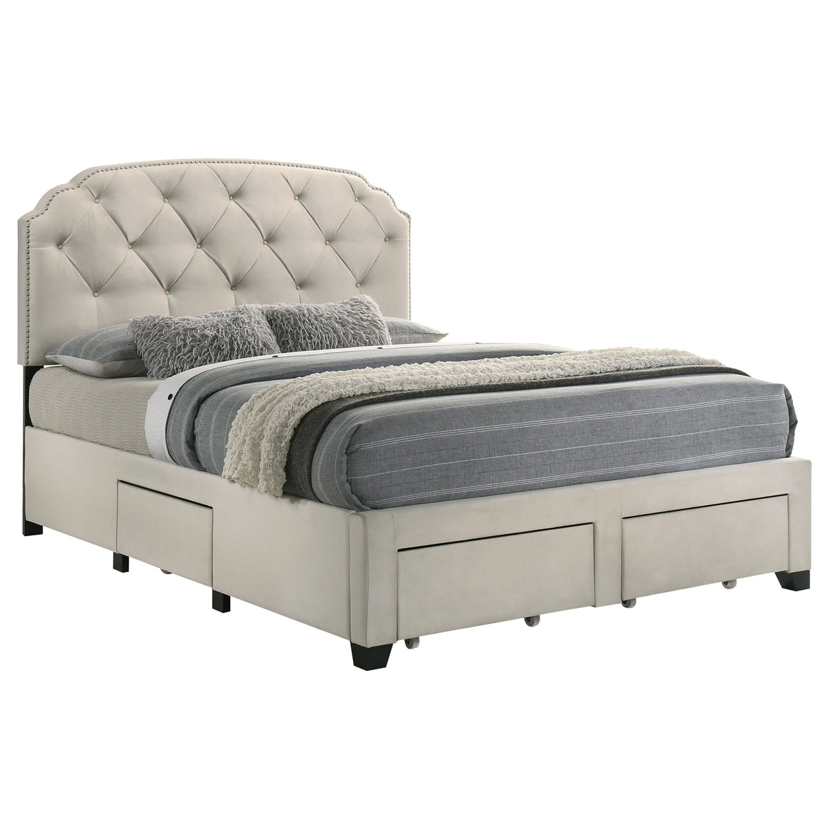 Marianna Tufted Velvet Storage Bed with 4 Drawers - Cream with Nailhead Trim, Full to Eastern King – view 20