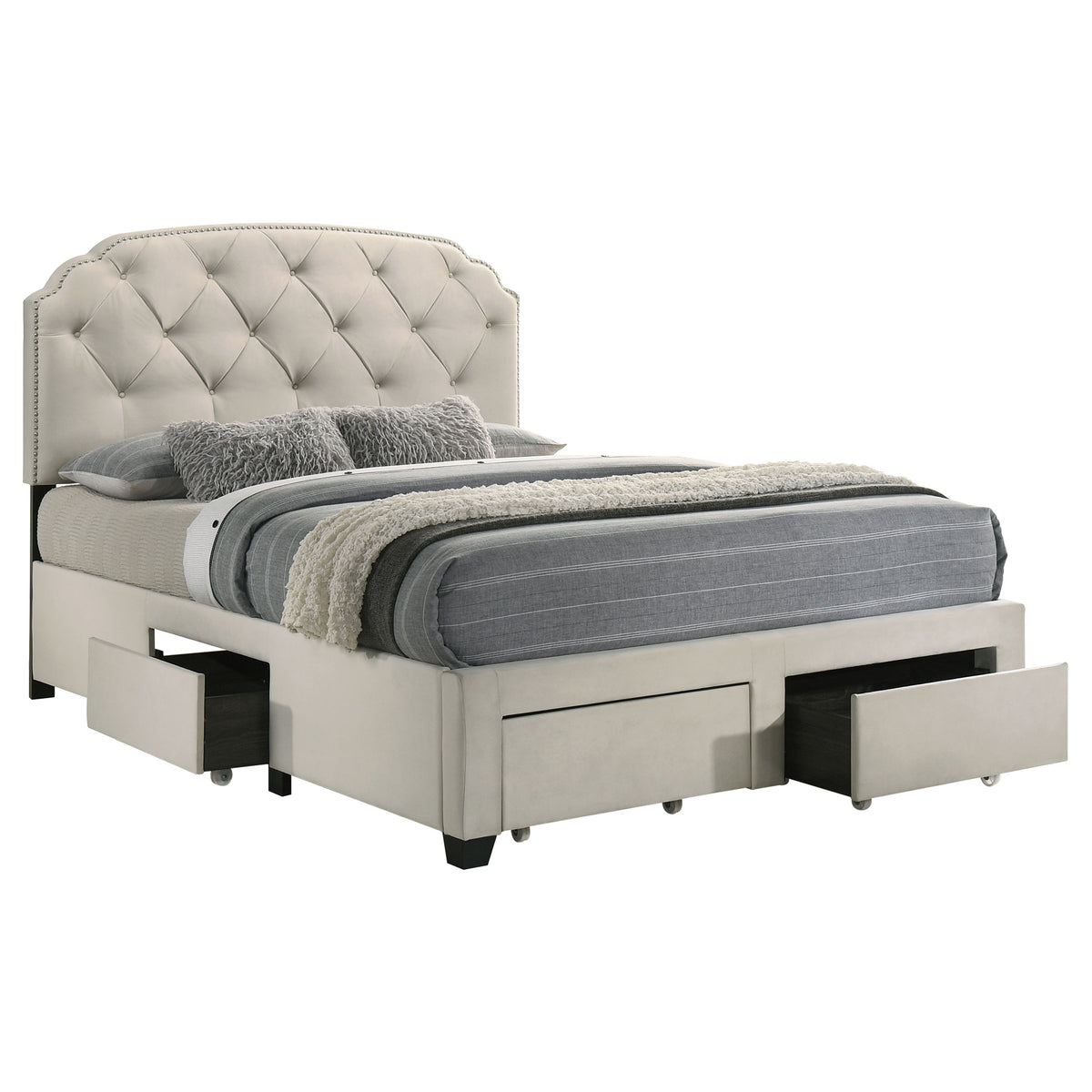 Marianna Tufted Velvet Storage Bed with 4 Drawers - Cream with Nailhead Trim, Full to Eastern King