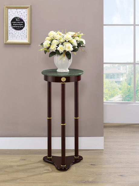 Edie Round Green Marble Top Plant Stand - Traditional Merlot Pedestal with Gold-Tone Accents – view 1