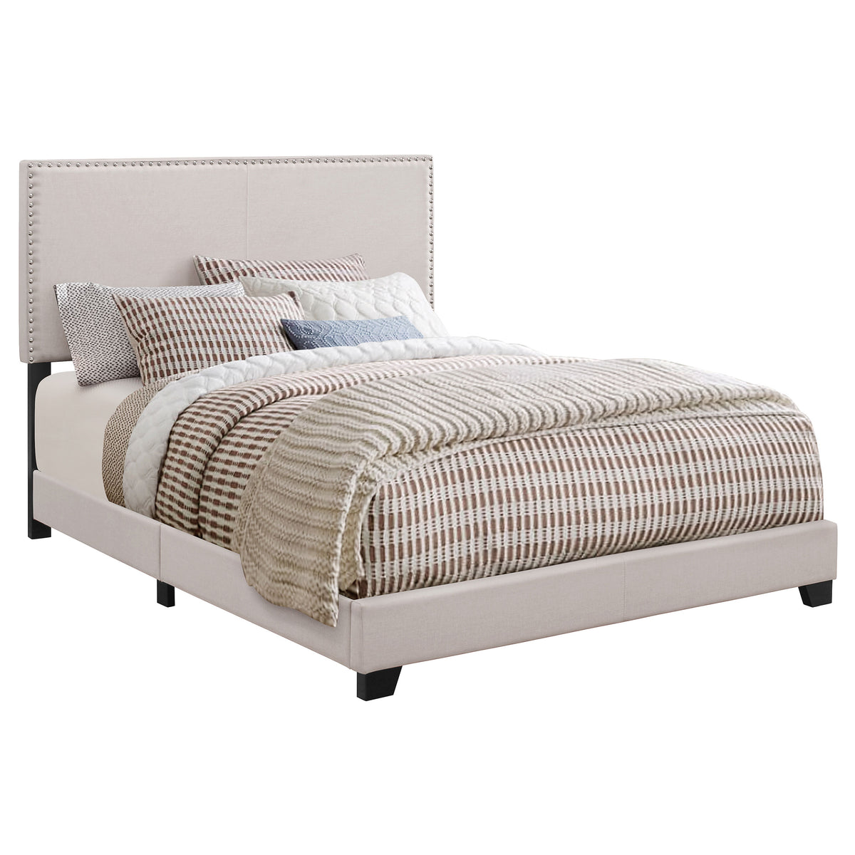Boyd Upholstered Panel Bed with Chrome Nailhead Trim - Ivory Fabric & Black Legs, Twin to California King – view 20
