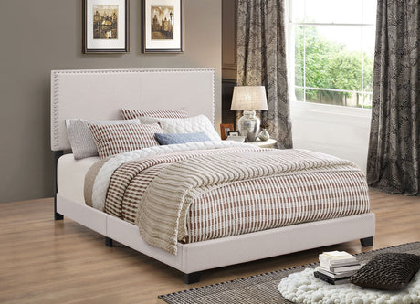 Boyd Upholstered Panel Bed with Chrome Nailhead Trim - Ivory Fabric & Black Legs, Twin to California King – view 2