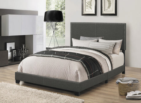 Boyd Upholstered Panel Bed with Chrome Nailhead Trim - Charcoal Fabric & Black Legs, Twin to California King – view 10