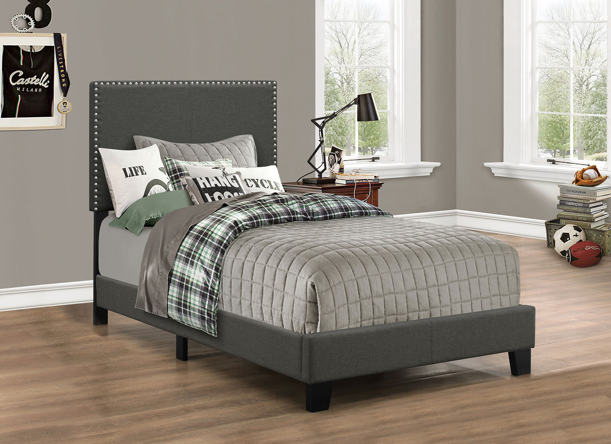 Boyd Upholstered Panel Bed with Chrome Nailhead Trim - Charcoal Fabric & Black Legs, Twin to California King – view 1