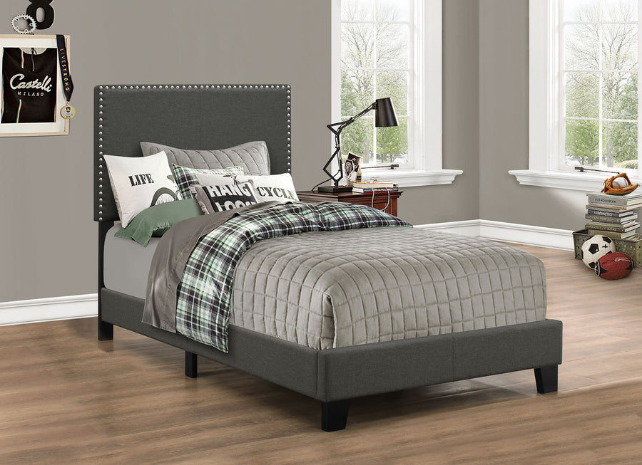 Boyd Upholstered Panel Bed with Chrome Nailhead Trim - Charcoal Fabric & Black Legs, Twin to California King