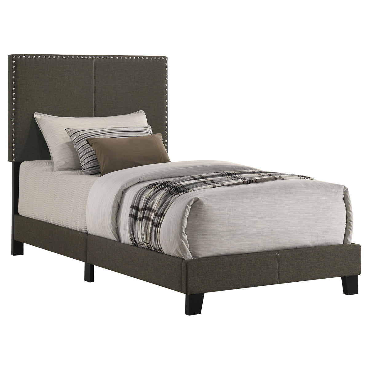 Boyd Upholstered Panel Bed with Chrome Nailhead Trim - Charcoal Fabric & Black Legs, Twin to California King – view 7