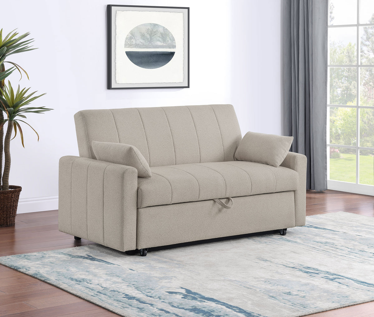 Portland Channel-Tufted Boucle Sleeper Sofa Bed with Bolsters - Latte, Pull-Out Sleeping Surface – view 1