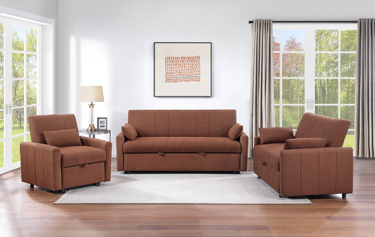 Portland Channel-Tufted Boucle Sleeper Sofa Bed - Pull-Out Design with Bolster Pillows in Copper – view 15