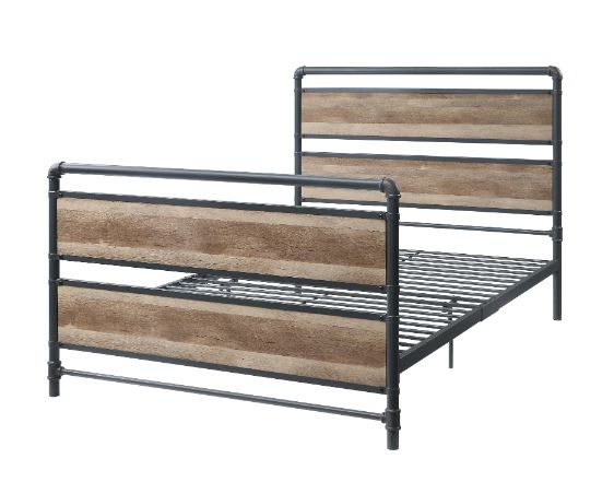 Brantley Industrial Pipe Full Bed, Bookshelf & Wall Rack - Metal Frame in Antique Oak & Sandy Gray