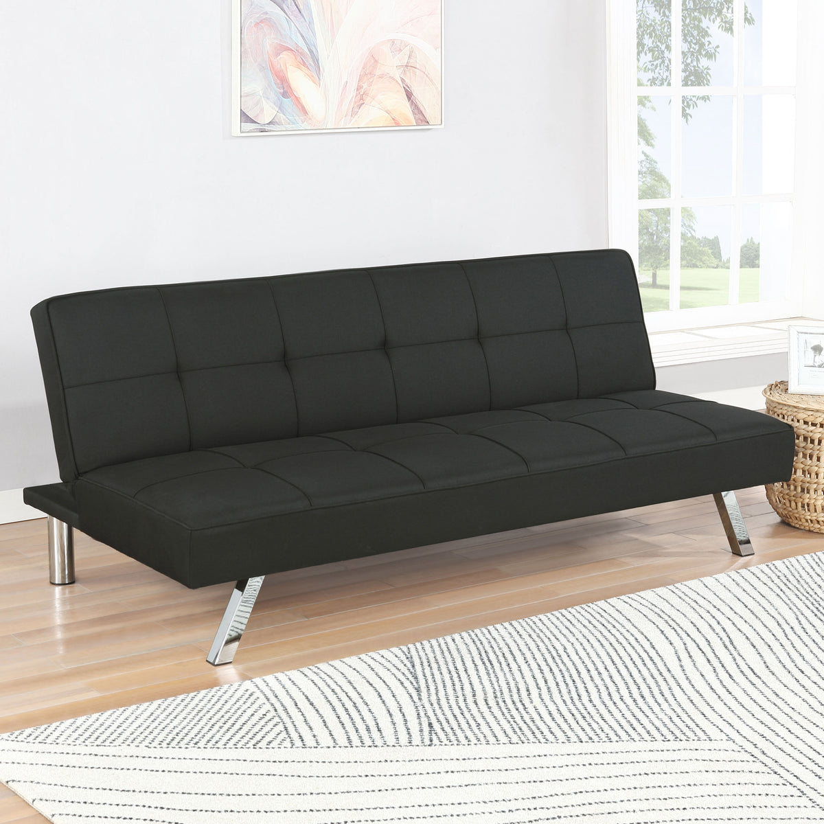 Joel Grid-Tufted Convertible Sofa Bed - Black Fabric with Chrome Legs, Compact Guest Sleeper – view 1