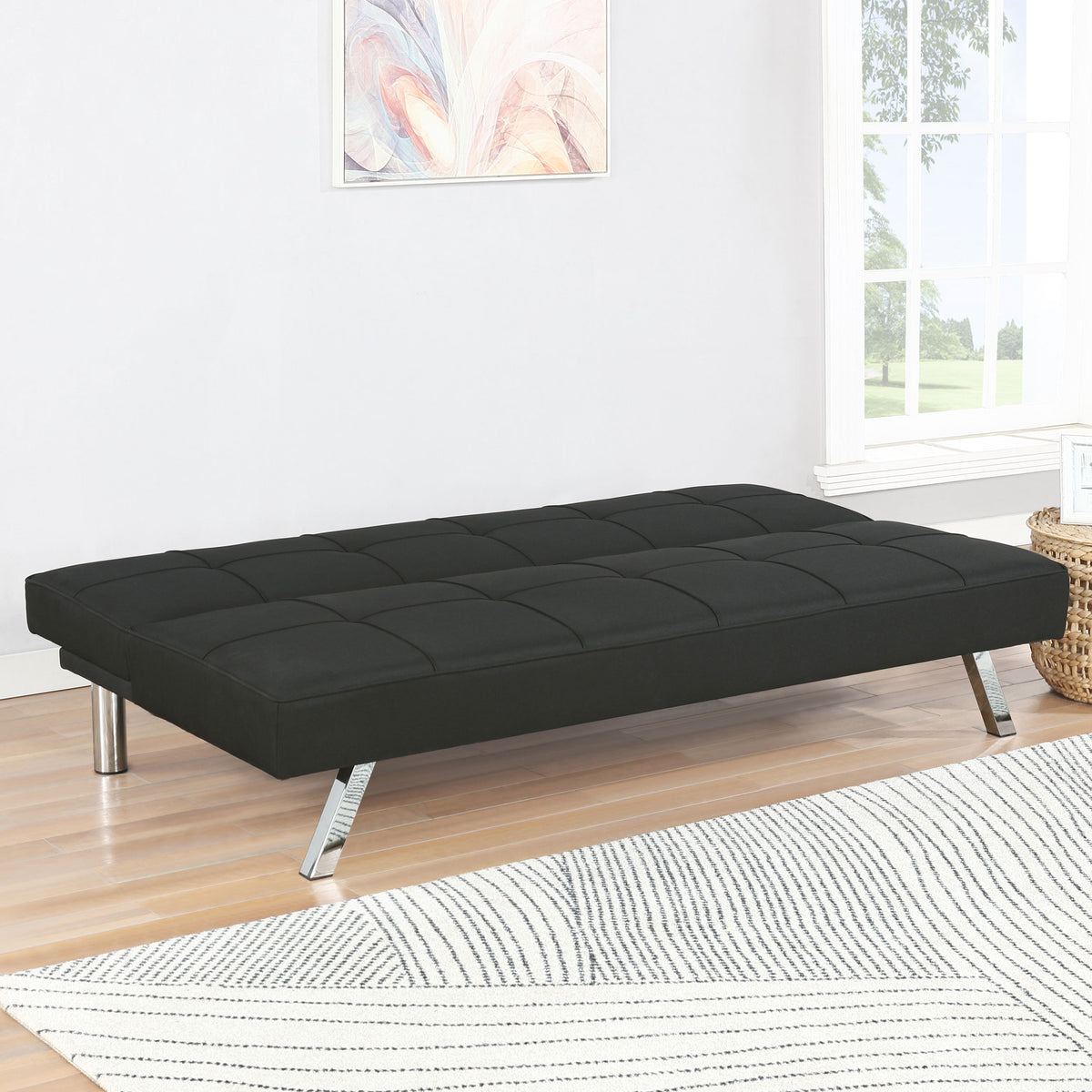 Joel Grid-Tufted Convertible Sofa Bed - Black Fabric with Chrome Legs, Compact Guest Sleeper – view 3