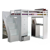 Freya Twin Loft Bed with Desk, Drawers & Bookcase Ladder in White