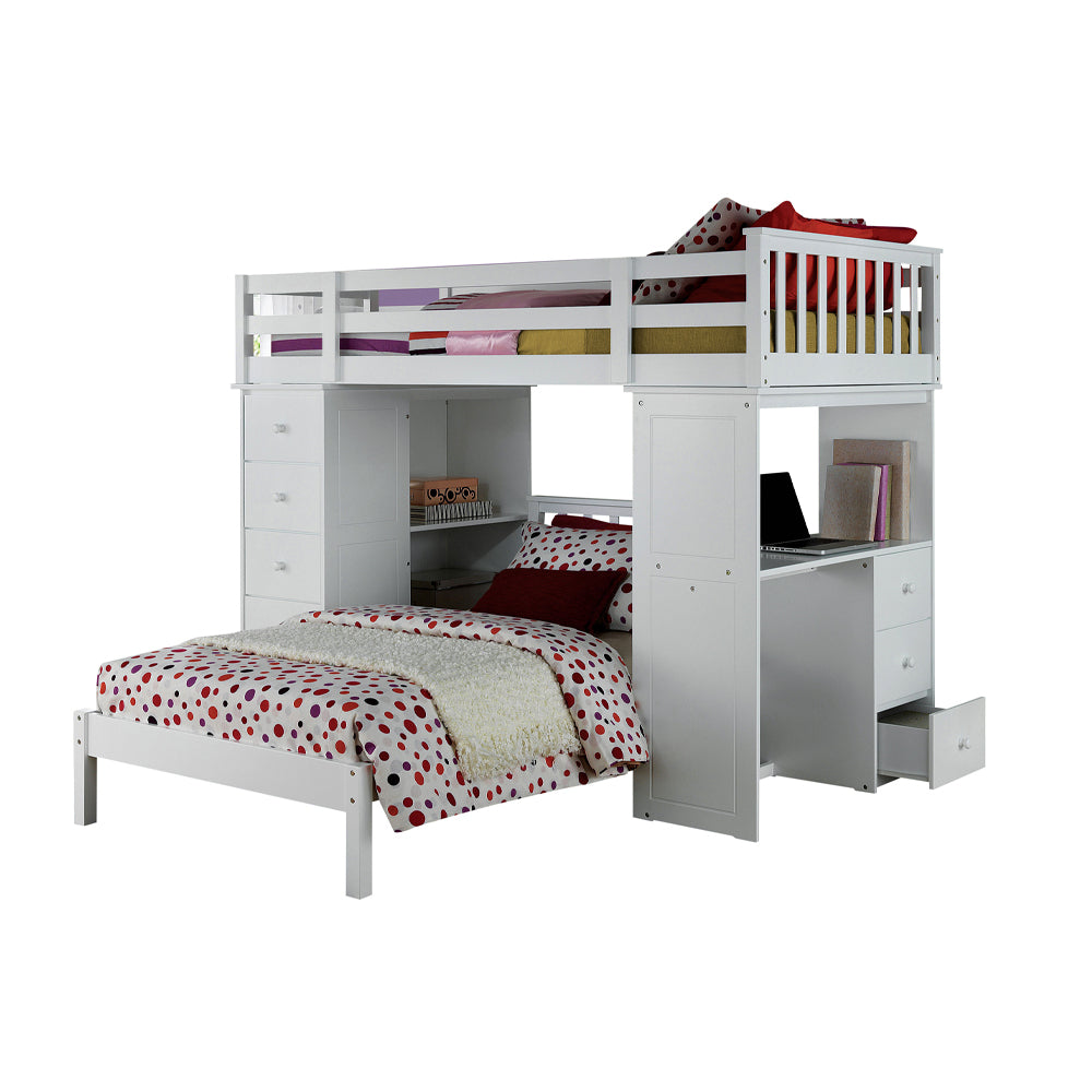 Freya Twin Loft Bed with Desk, Drawers & Bookcase Ladder in White