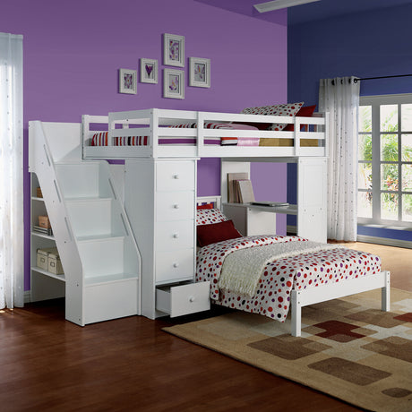 Freya Twin Loft Bed with Desk, Drawers & Bookcase Ladder in White