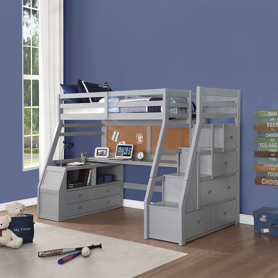 Jason II Twin Loft Bed - Storage Ladder, Desk & Chest in Gray or Navy Blue
