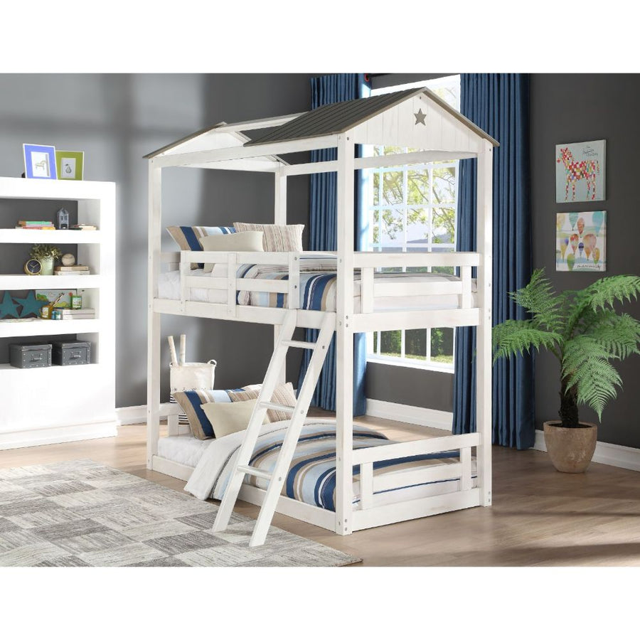 Nadine Cottage Twin over Twin Bunk Bed - Playhouse Roof & Reversible Ladder in Weathered White & Washed Gray