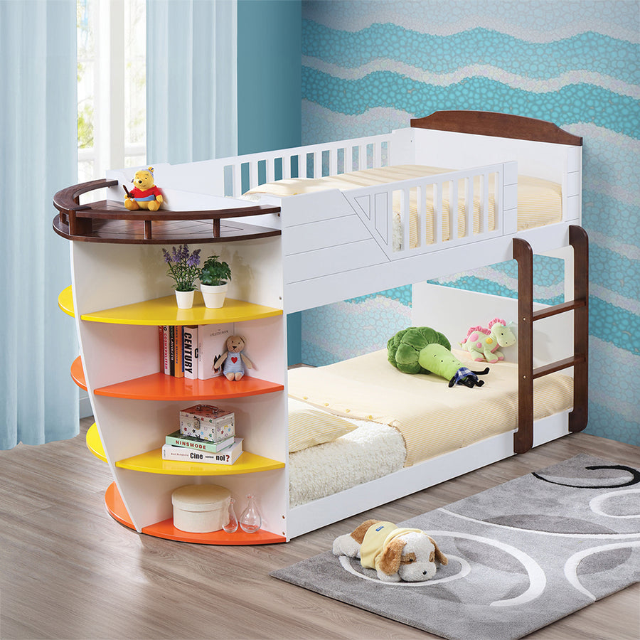 Neptune Twin over Twin Bunk Bed with Storage Shelves - Nautical Style in White & Chocolate
