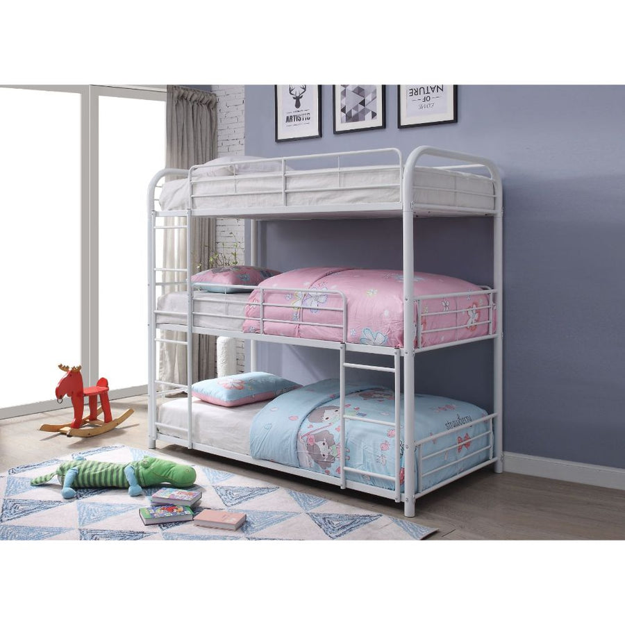 Cairo Full Triple Bunk Bed - Metal Frame with 2 Built-In Ladders in White