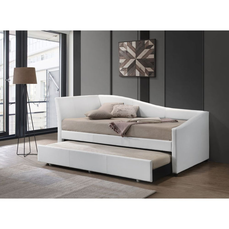Jedda Twin Daybed with Trundle - Sloped Padded Frame in White Leatherette